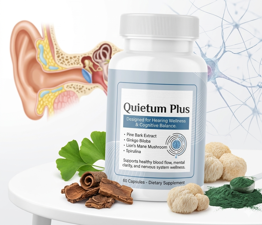 Anatomical rendering demonstrating how does Quietum Plus work to alleviate audio disturbances by fortifying synaptical communication networks.